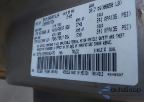 2002 Dodge Ram 1500 St из США, поврежденный, VIN 3D7HU18Z02G163476